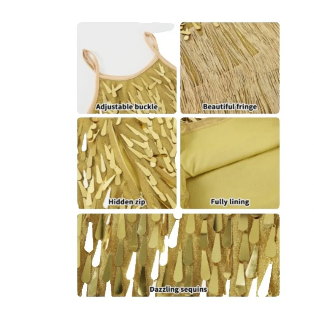 LOLANTA Girls Sequin Fringe Dress Gold Tassel Latin Dance 2Pcs Size 7-8